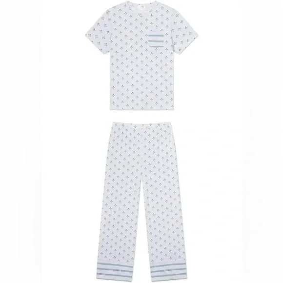 Lake | Pima Crew Wide Leg Pajama Set in Serene Blue Multi Blossom Large - Picture 2 of 10